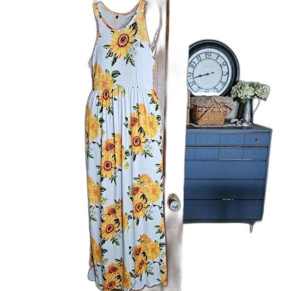 NWT Sunflower Floral Button-Front Maxi Dress Women’s S Elastic Waist Casual Sun - Picture 1 of 7
